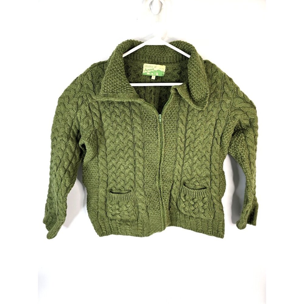Shades Of Aran Ireland New Merino Wool Green Zip Up Sweater Women's Size M